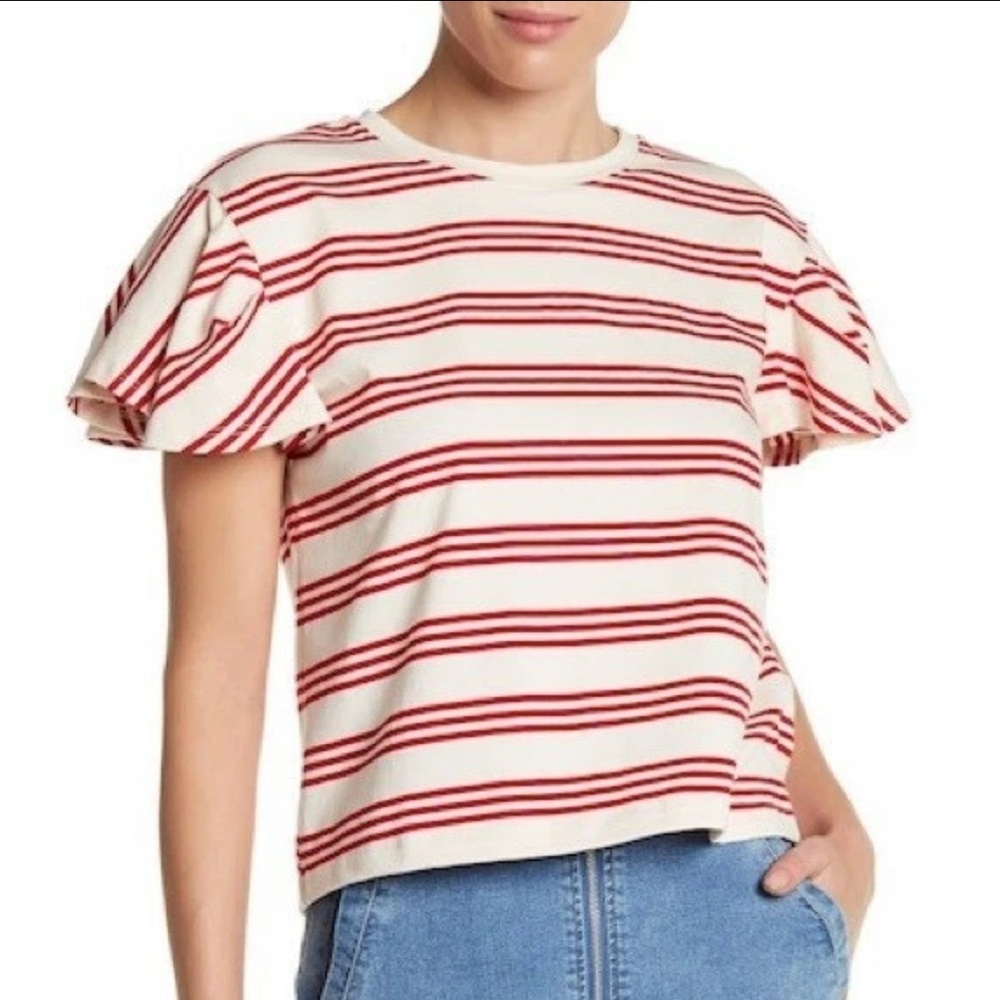 Ten Sixty‎ Sherman Ruffle Sleeve Striped Cotton Tee Med Red